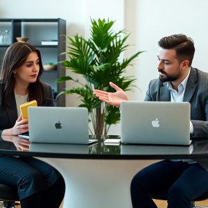 Business professionals in a modern office discussing plans at a desk