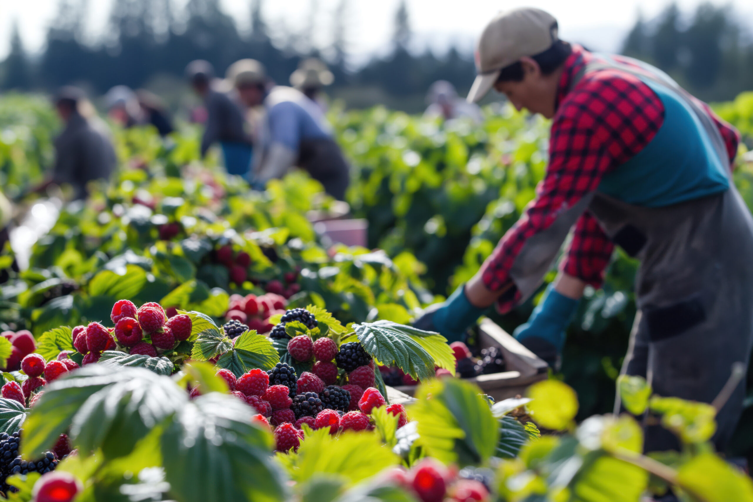 Farm workers are picking ripe blackberries and raspberries on a sunny day on a large berry farm