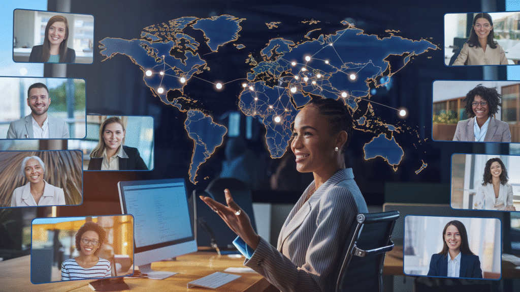 Create a realistic image of a diverse group of professionals connecting virtually, showing a Black female HR manager in her office viewing a digital world map with glowing connection points, indicating global talent sources, with multiple small video conference windows showing candidates of different ethnicities and genders, all with professional attire against various international backdrops, conveying a sense of global recruitment in a bright, optimistic lighting.