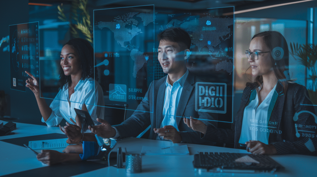 Create a realistic image of a diverse group of professionals (including a Black female, an Asian male, and a White female) participating in a virtual interview through a split-screen interface, with a world map in the background showing time zones, modern office settings visible in each participant's background, and digital recruitment tools displayed on screens, all bathed in a professional blue-toned lighting that conveys innovation and global connectivity.