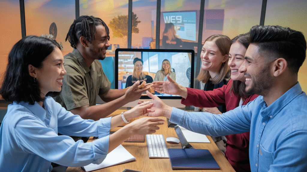 Create a realistic image of a diverse group of professionals (including Asian female, Black male, White female, and Hispanic male) engaged in a virtual team meeting displayed on a computer screen, with a warm and collaborative atmosphere, showing participants actively discussing, sharing ideas, and building rapport despite being in different locations, with subtle visual elements of company culture such as matching branded items or virtual backgrounds, demonstrating how remote teams maintain connection and corporate identity.