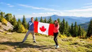 Couple holding a Canadian flag on a mountain lookout