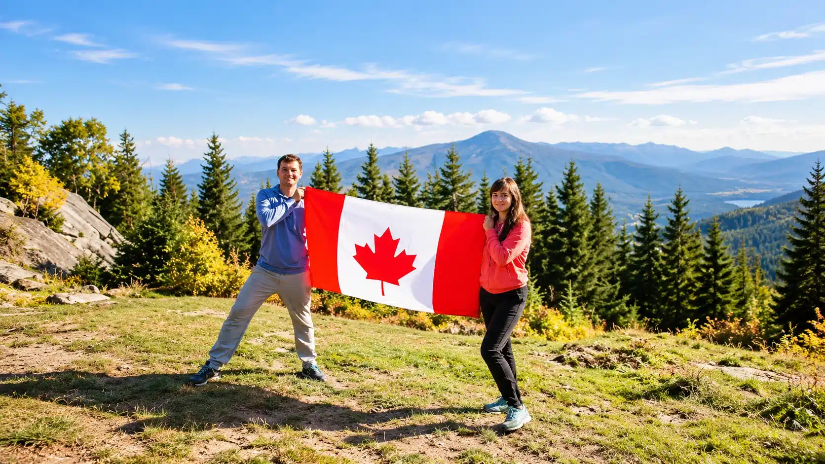 Couple holding a Canadian flag on a mountain lookout