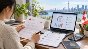 Applicant reviewing an experience letter with a checklist, laptop and passport