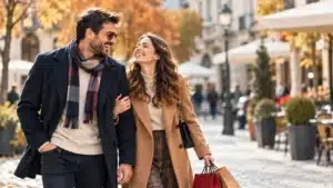 Couple walking arm in arm with shopping bags on an autumn street