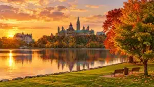 Parliament Hill in Ottawa at sunset with autumn trees