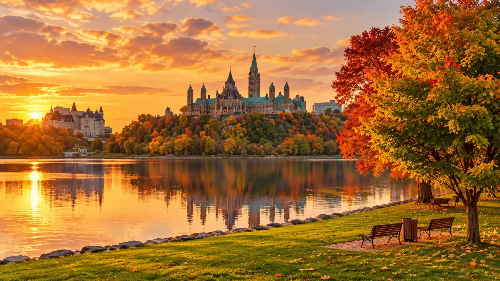 Parliament Hill in Ottawa at sunset with autumn trees