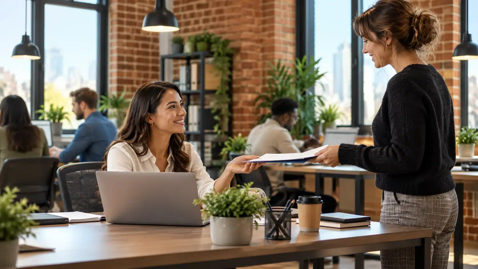 Employee handing a document to a colleague in a bright office