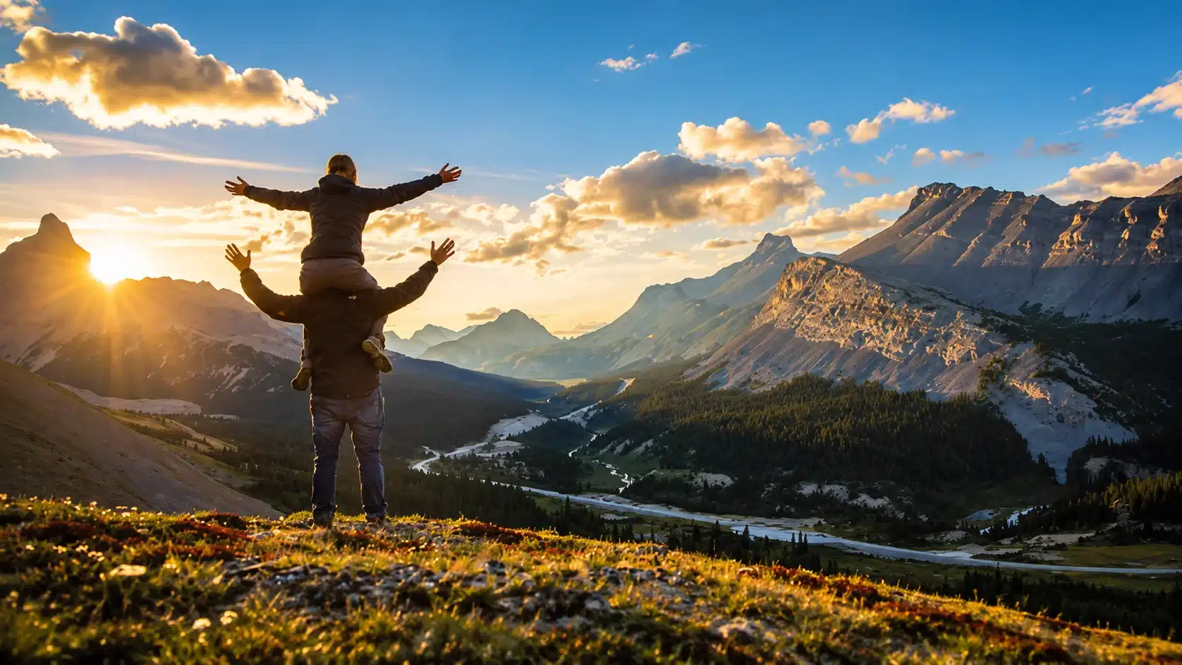 Parent carrying a child on their shoulders at sunrise in the mountains