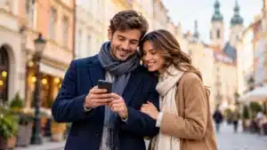 Couple looking at a phone together on a historic street