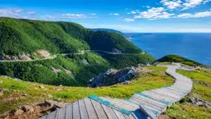 Boardwalk trail above a winding coastal highway and the ocean