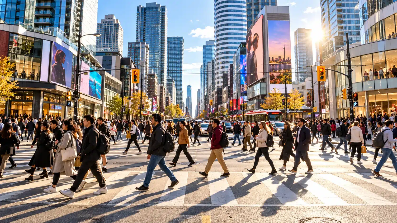 Busy downtown Toronto intersection with people crossing the street
