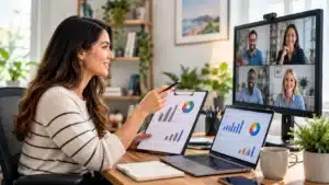 Woman working from home on a video call with colleagues and charts