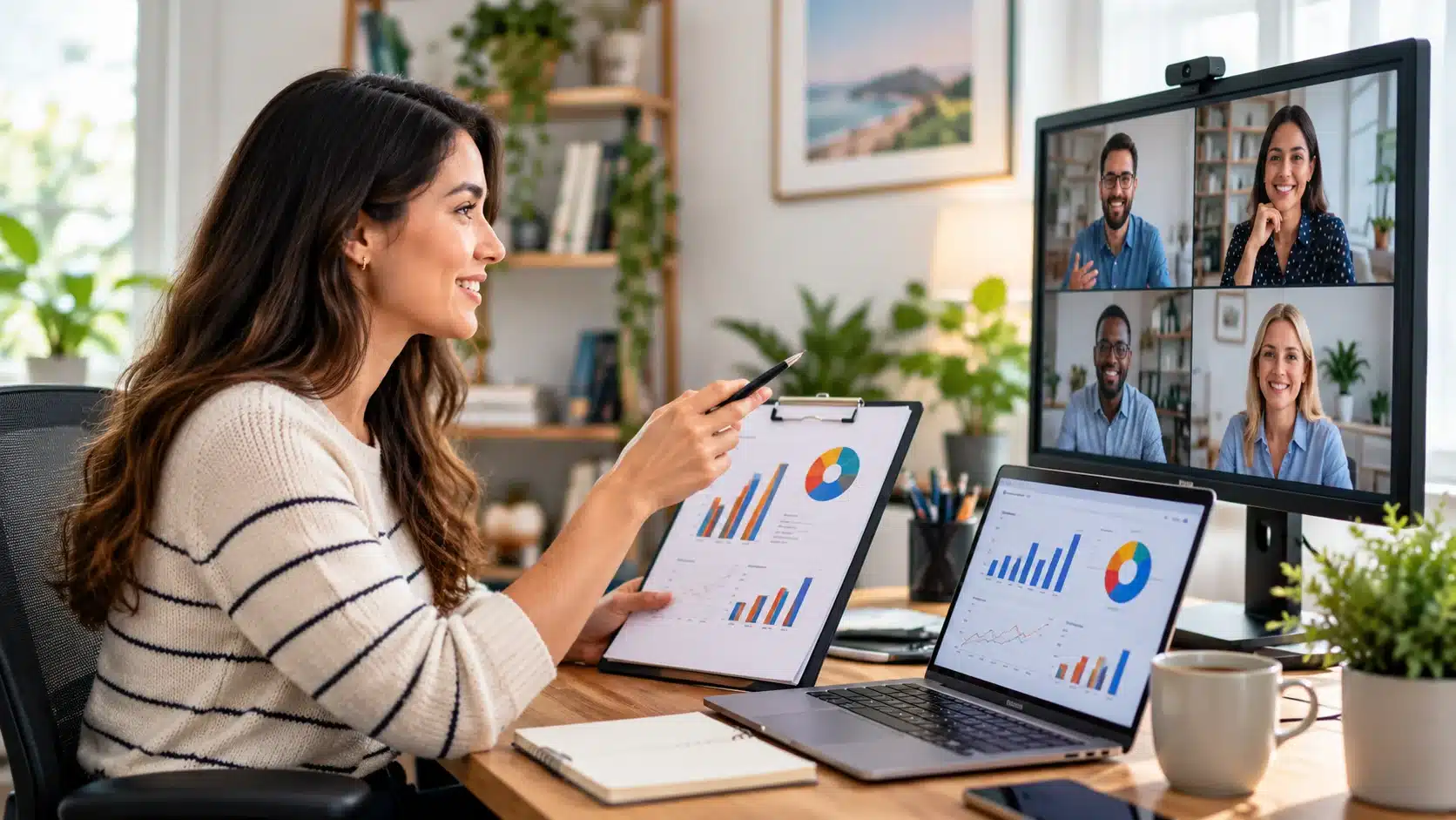 Woman working from home on a video call with colleagues and charts
